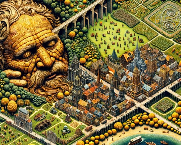 Whimsical Cityscape with Gardens and Scenic River