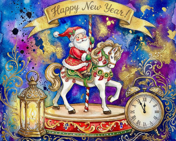 New Year Watercolor Illustration with Santa Claus