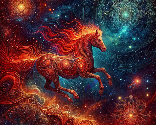 Majestic Horse in a Cosmic Landscape with Mandalas