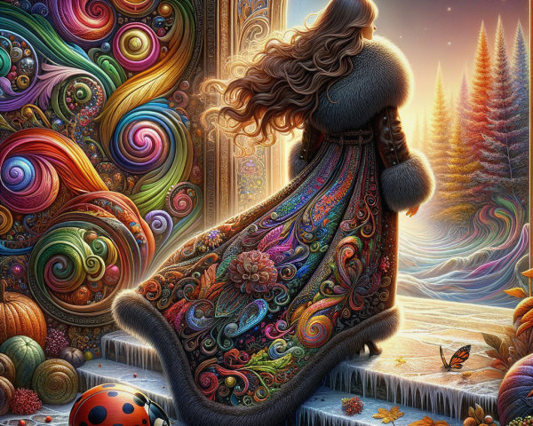 Woman at Vibrant Doorway in Autumn Landscape