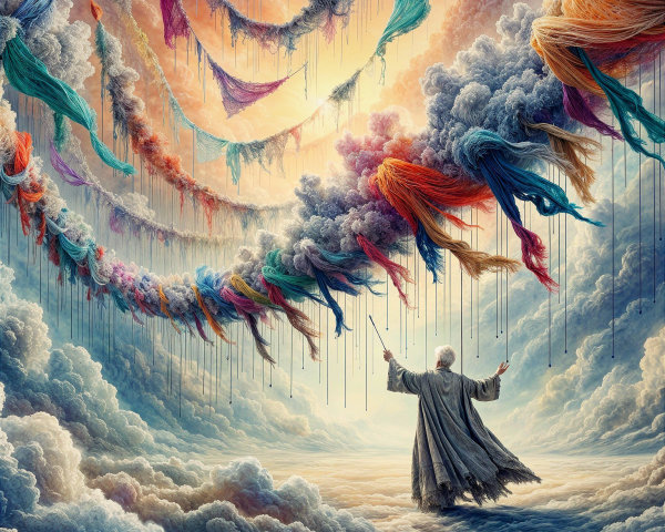 Surreal Scene of a Figure Among Colorful Clouds