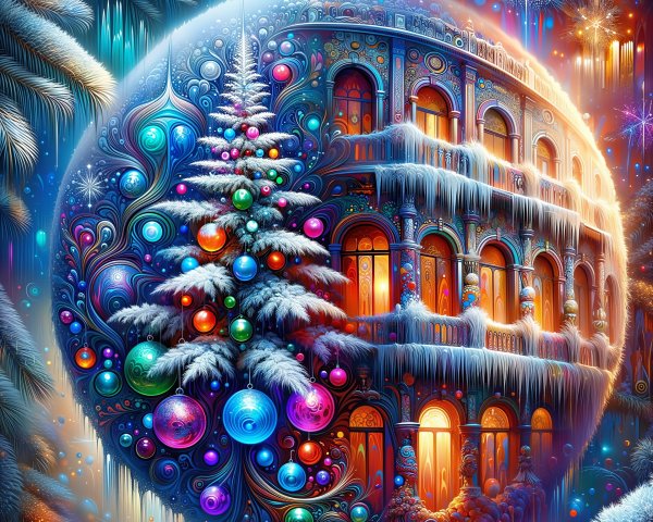 Ornate Christmas Ornament-Shaped Building Illustration