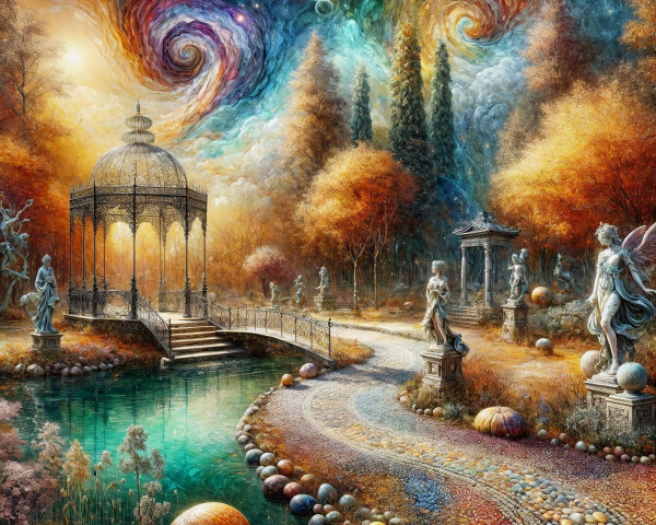 Vibrant Dreamlike Garden with Gazebo and Cosmic Sky