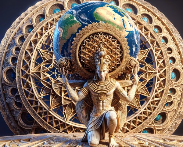 Deity Figure Supporting Globe with Cosmic Patterns