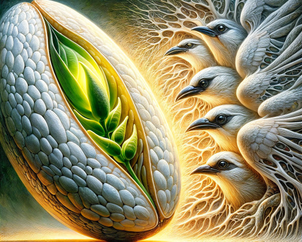 Cracked Egg with Leaves and Watching Birds in Surreal Scene