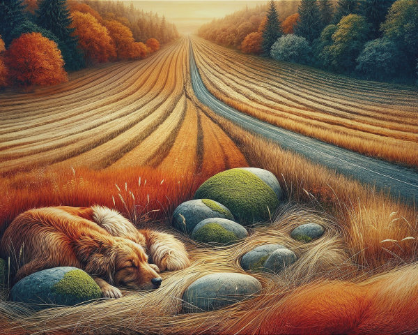 Autumn Landscape with Sleeping Dog and Vibrant Foliage