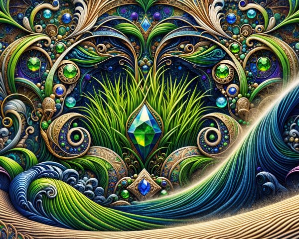 Intricate Design with Swirling Patterns and Gem Elements