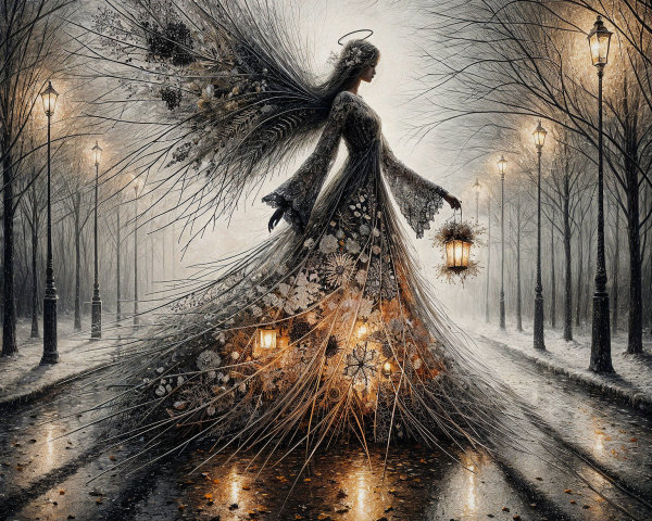 Mystical Figure in Foggy Street with Lanterns and Gown