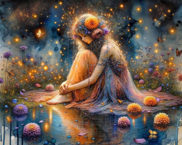 Serene Scene of a Woman by a Tranquil Pond