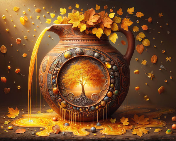 Pottery Jug with Golden Liquid and Autumn Leaves