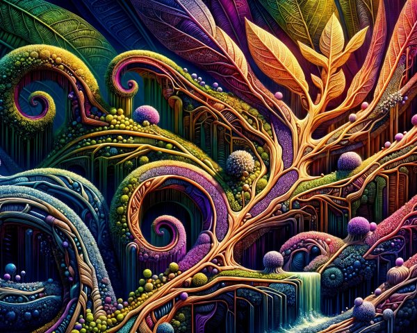 Surreal Landscape with Colorful Foliage and Waterfall