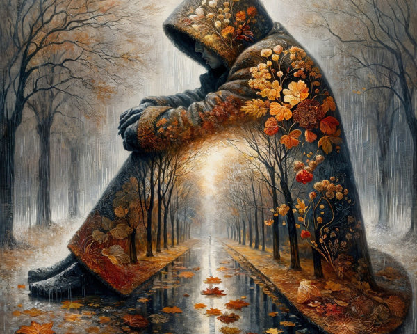Cloaked Figure in Autumn Landscape with Bare Trees