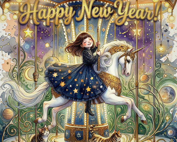 Whimsical Watercolor New Year Carousel Illustration
