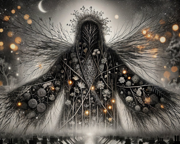 Mysterious figure cloaked in dark foliage and flowers