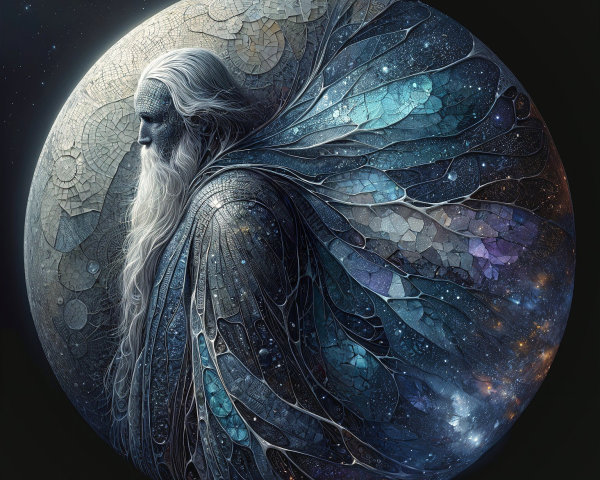 Mystical figure with colorful wings and moon backdrop