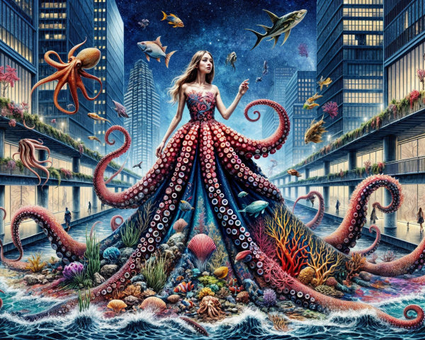 Surreal Fashion Scene with Octopus Tentacle Gown