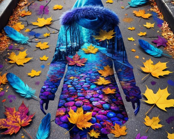 Silhouette in Hooded Coat Amidst Vibrant Street Scene