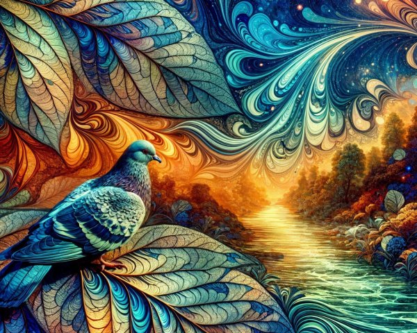 Surreal Landscape with Stylized Pigeon and Patterns