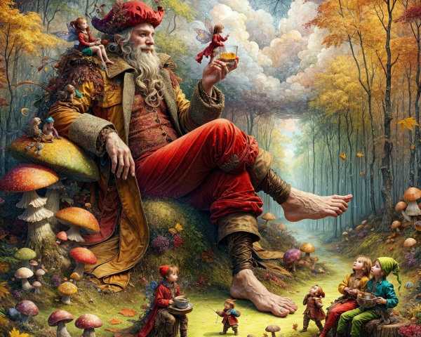Whimsical Giant in Enchanted Forest with Fairies