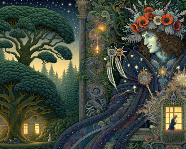 Mystical Landscape with Lush Trees and Serene Figure