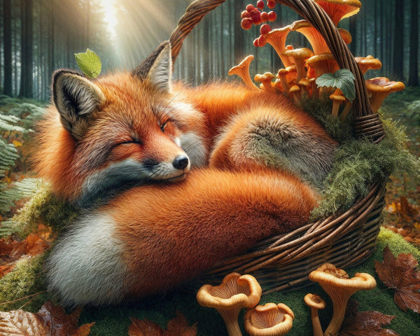 Fluffy Orange Fox in a Basket Among Autumn Foliage