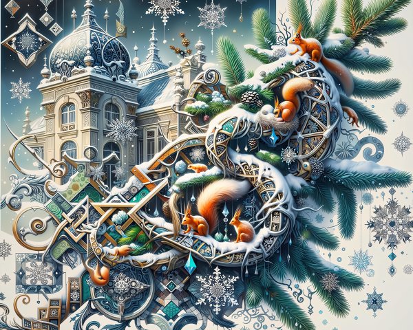 Intricate Winter Wonderland Illustration with Squirrels