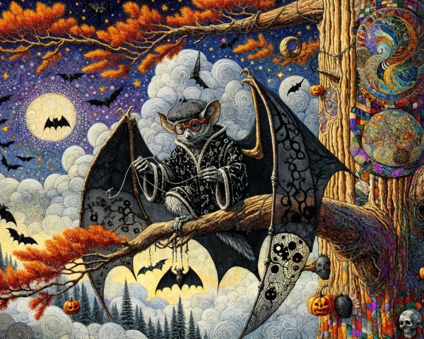 Whimsical Bat in Robe Surrounded by Halloween Elements