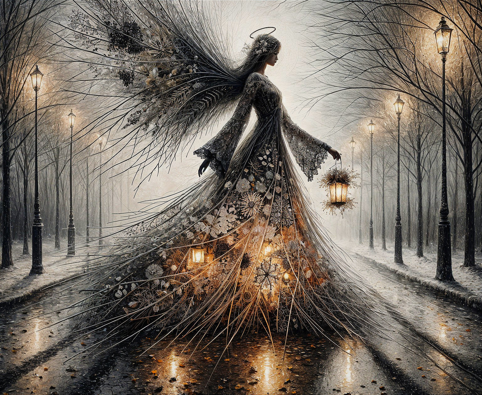 Mystical Figure in Foggy Street with Lanterns and Gown