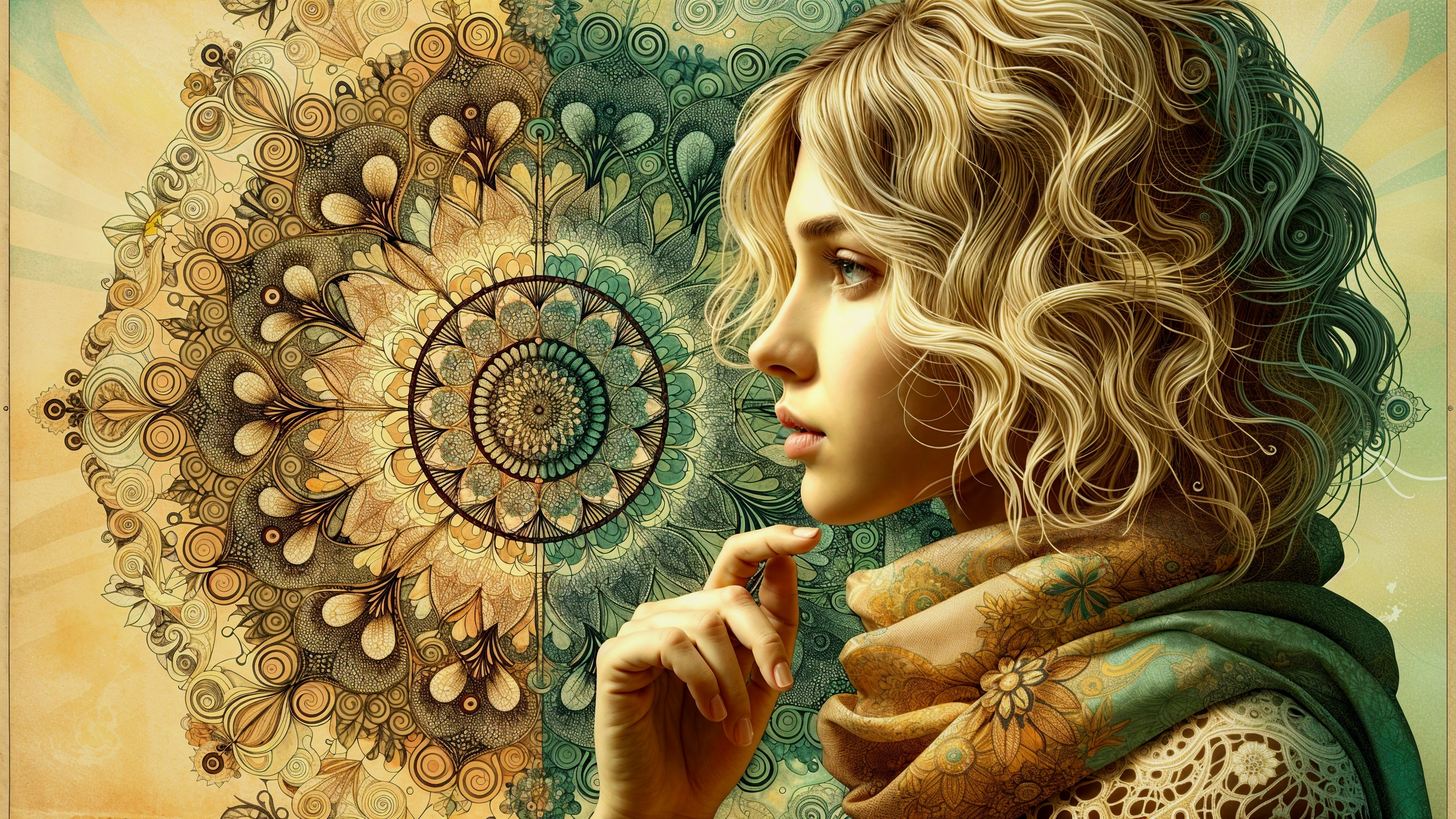Profile of a woman with curly hair against a mandala