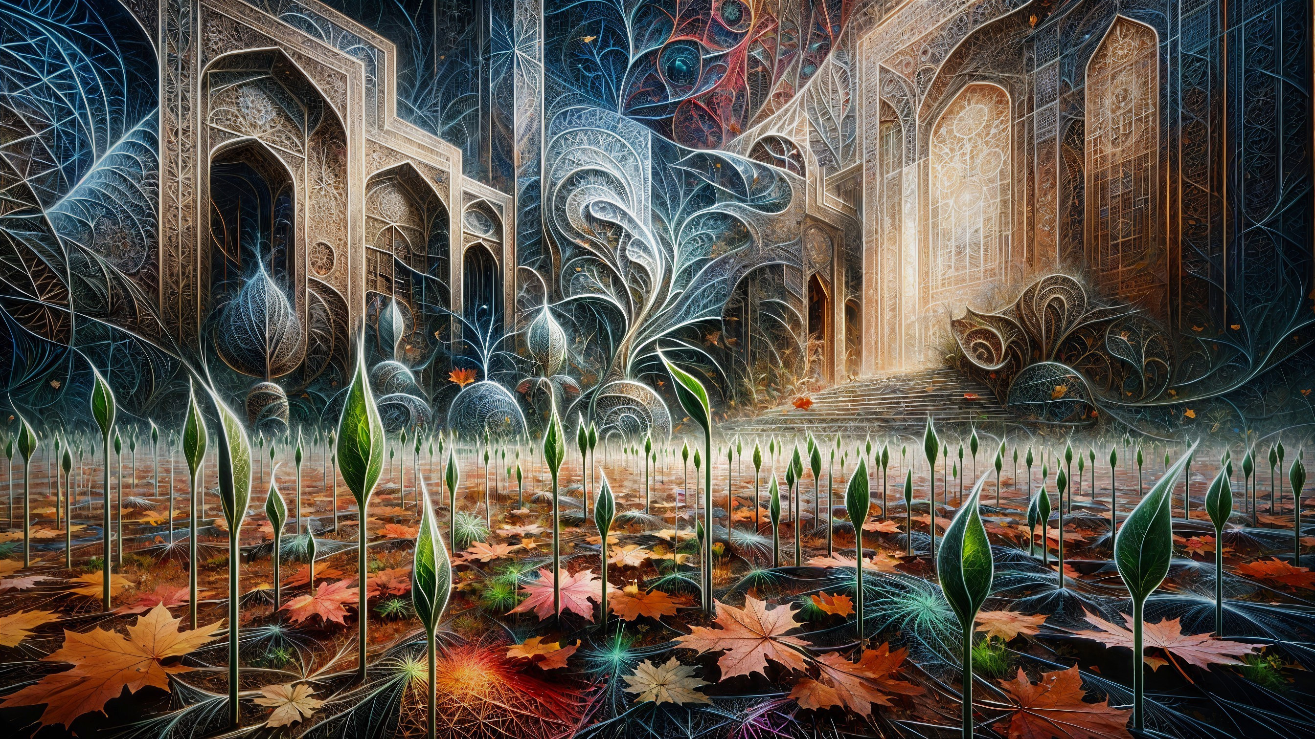 Surreal Landscape with Ornate Architecture and Leaves
