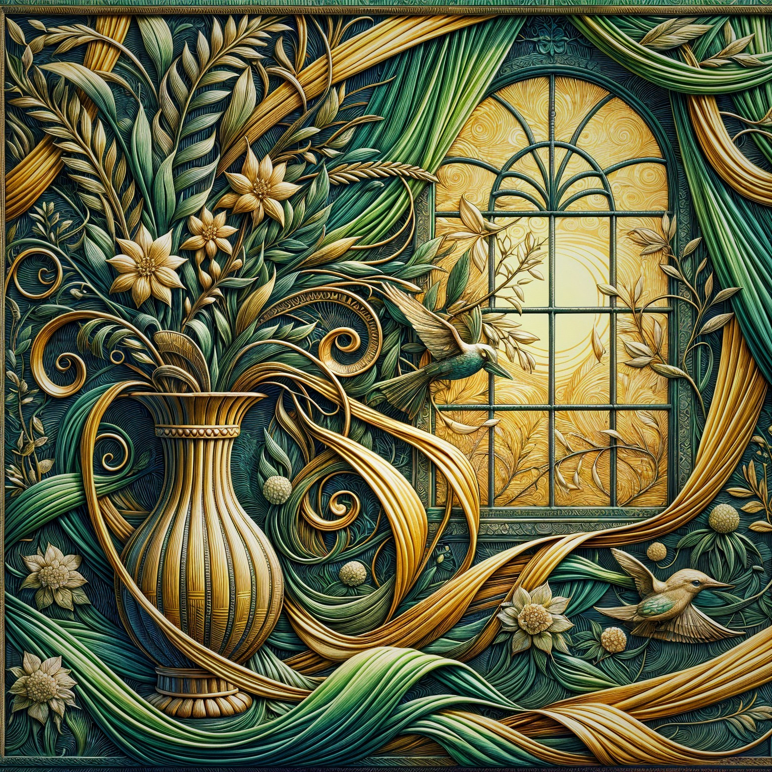 Vibrant Tapestry with Floral Bouquet and Window Scene