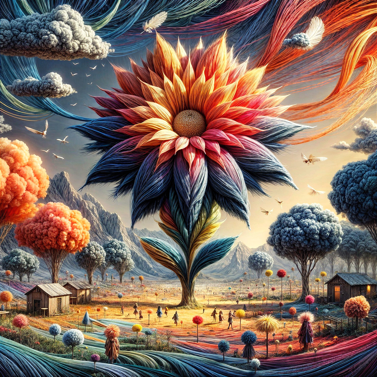 Surreal Landscape with Towering Colorful Sunflower