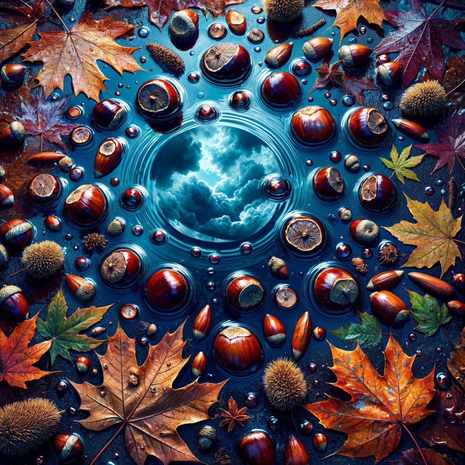 Autumn-Themed Arrangement with Colorful Leaves and Nuts