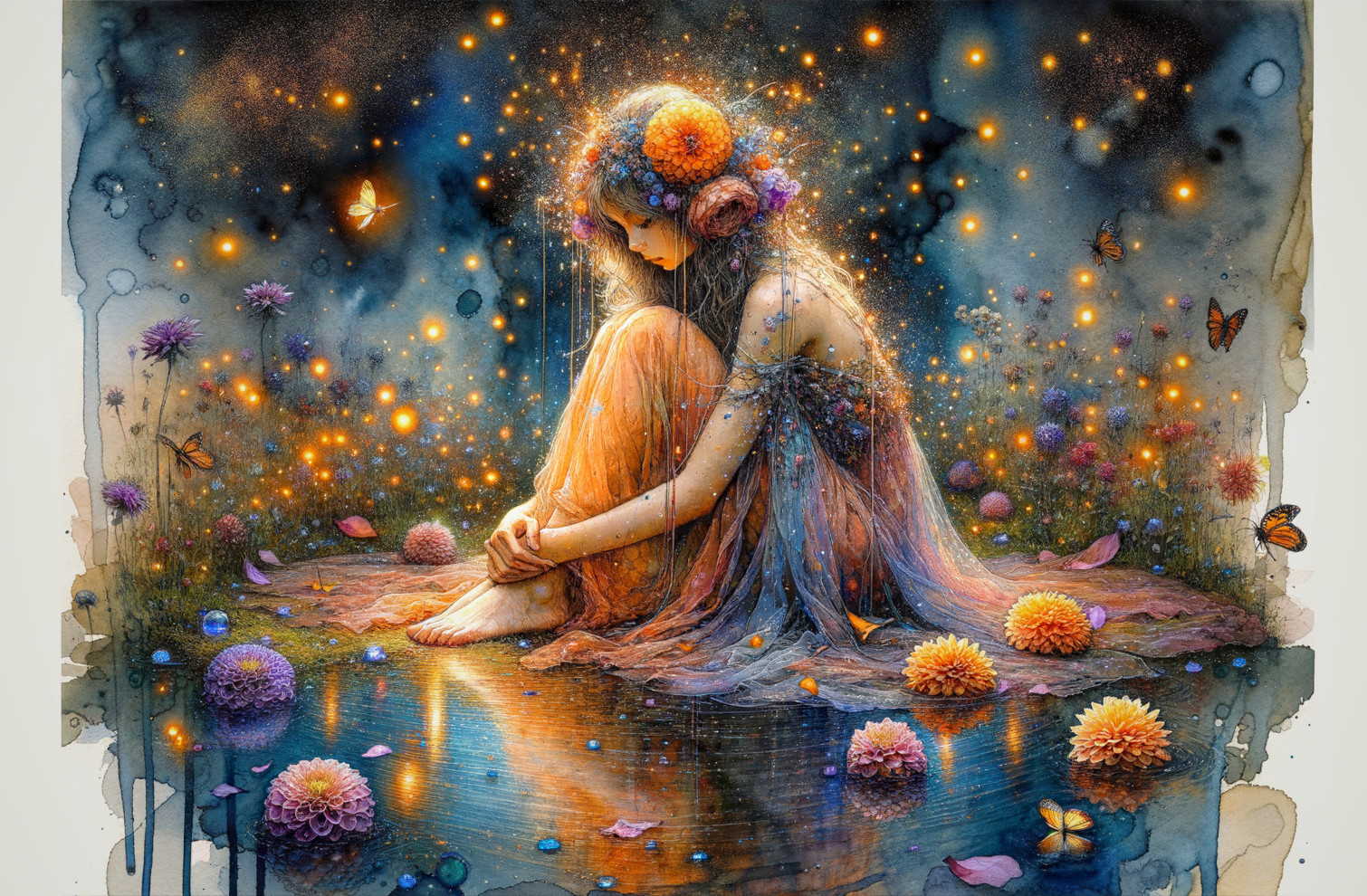 Serene Scene of a Woman by a Tranquil Pond
