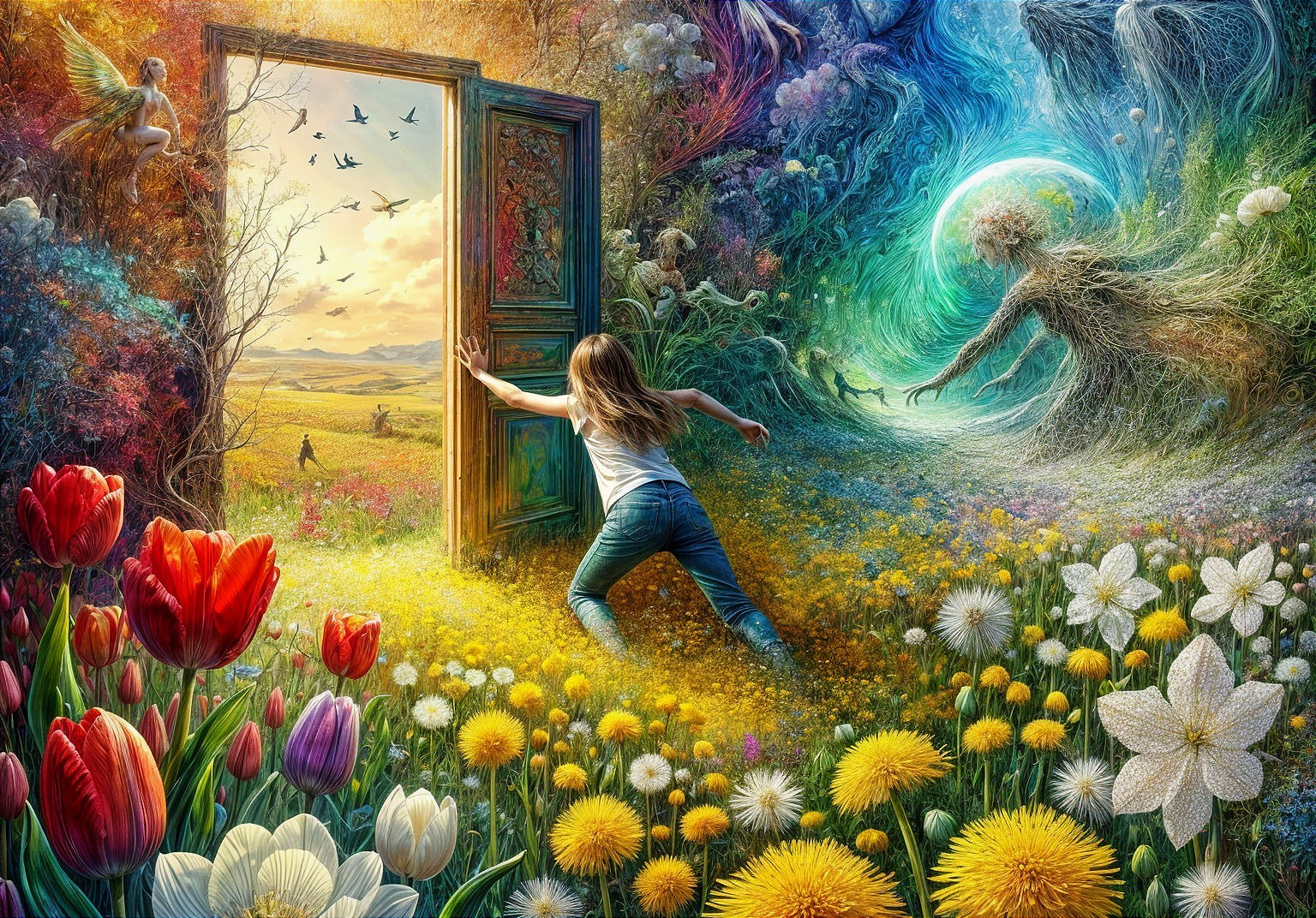 Vibrant Doorway to a Magical Landscape with Mythical Beings