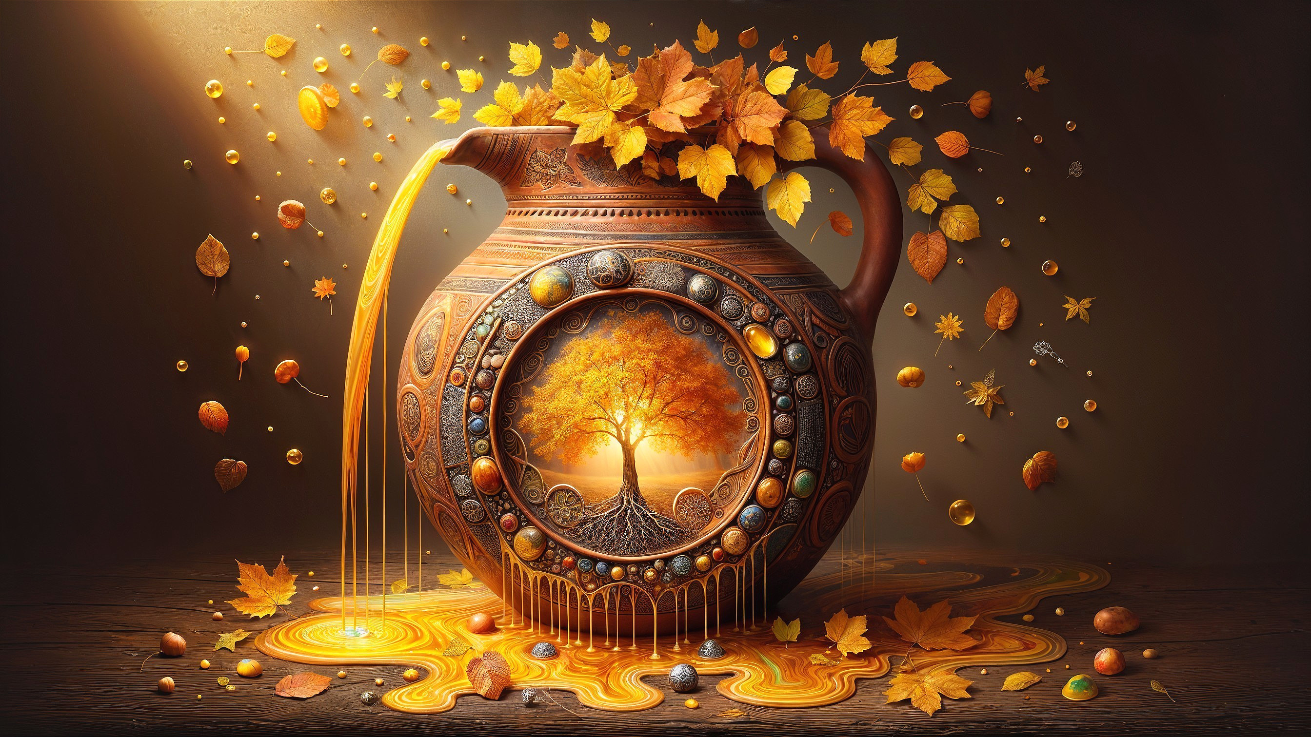 Pottery Jug with Golden Liquid and Autumn Leaves