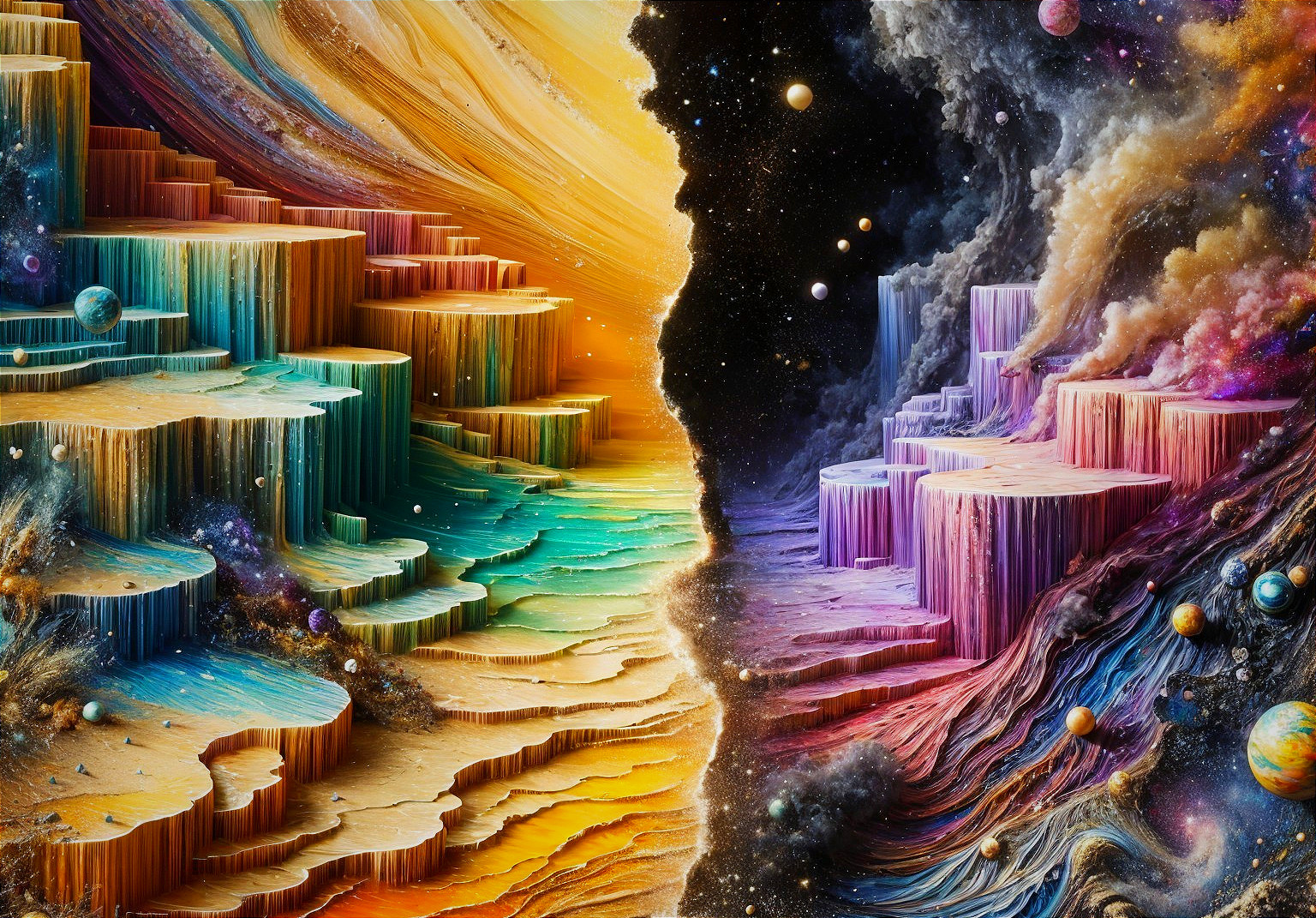 Vibrant Cosmic Landscape with Cliffs and Stars