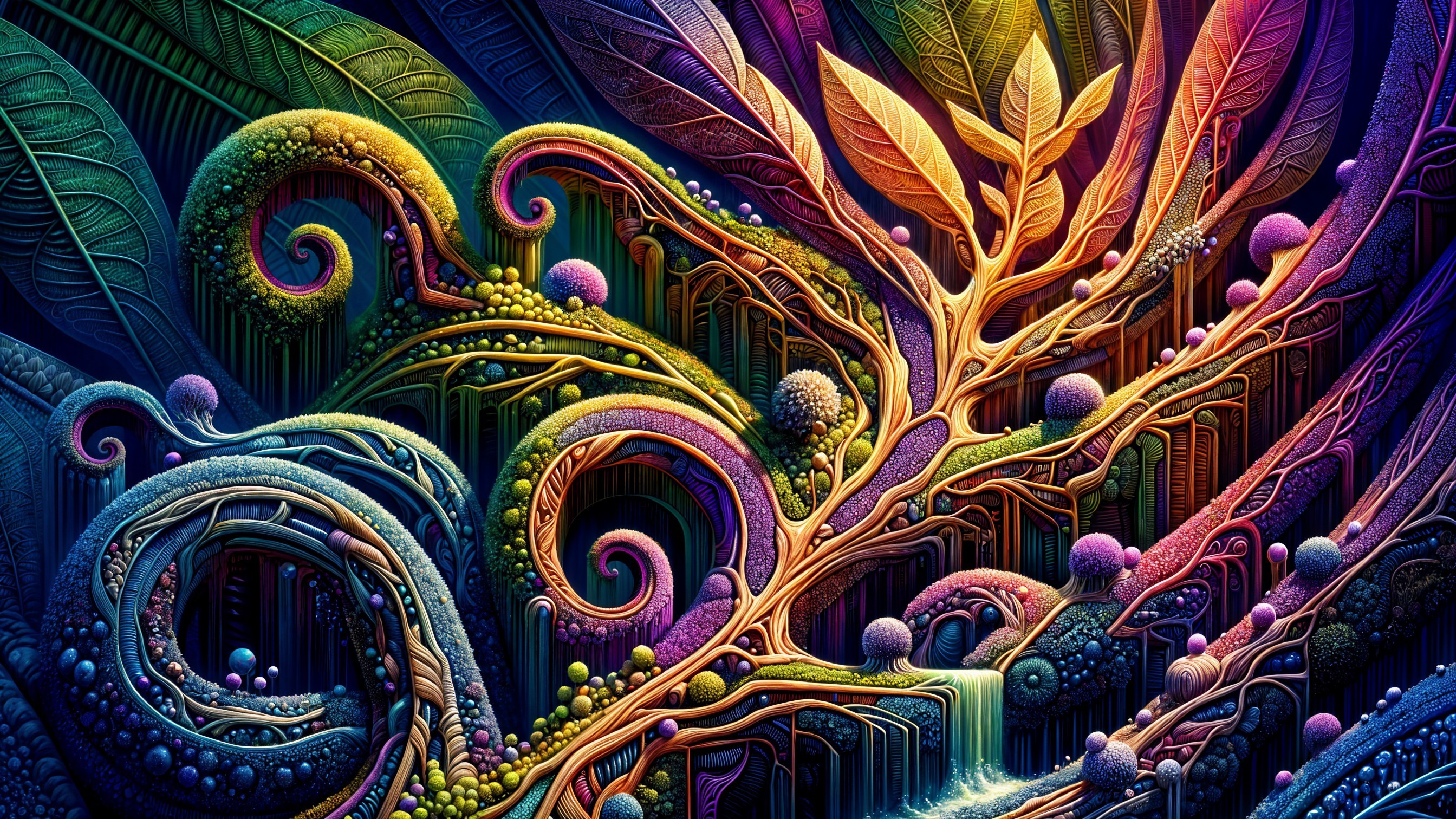 Surreal Landscape with Colorful Foliage and Waterfall