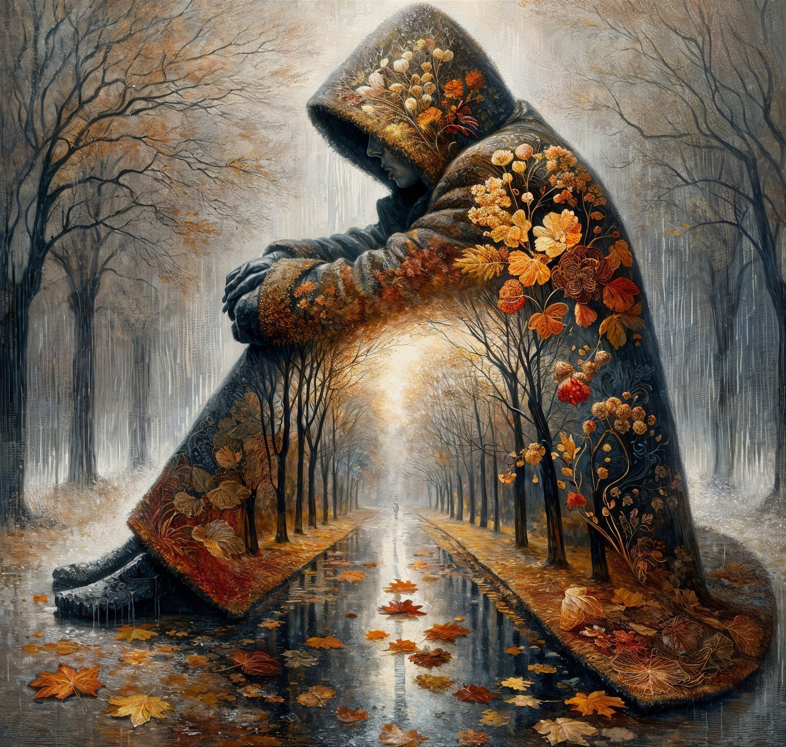 Cloaked Figure in Autumn Landscape with Bare Trees