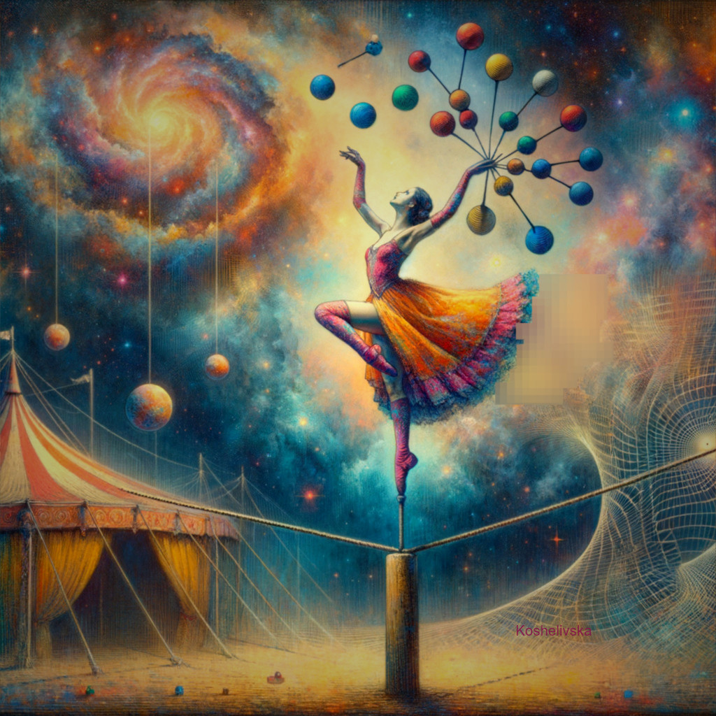 Ballerina on Tightrope in Cosmic Landscape Scene