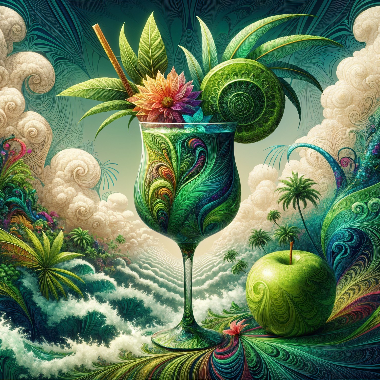 Vibrant Tropical Scene with Decorative Cocktail Glass
