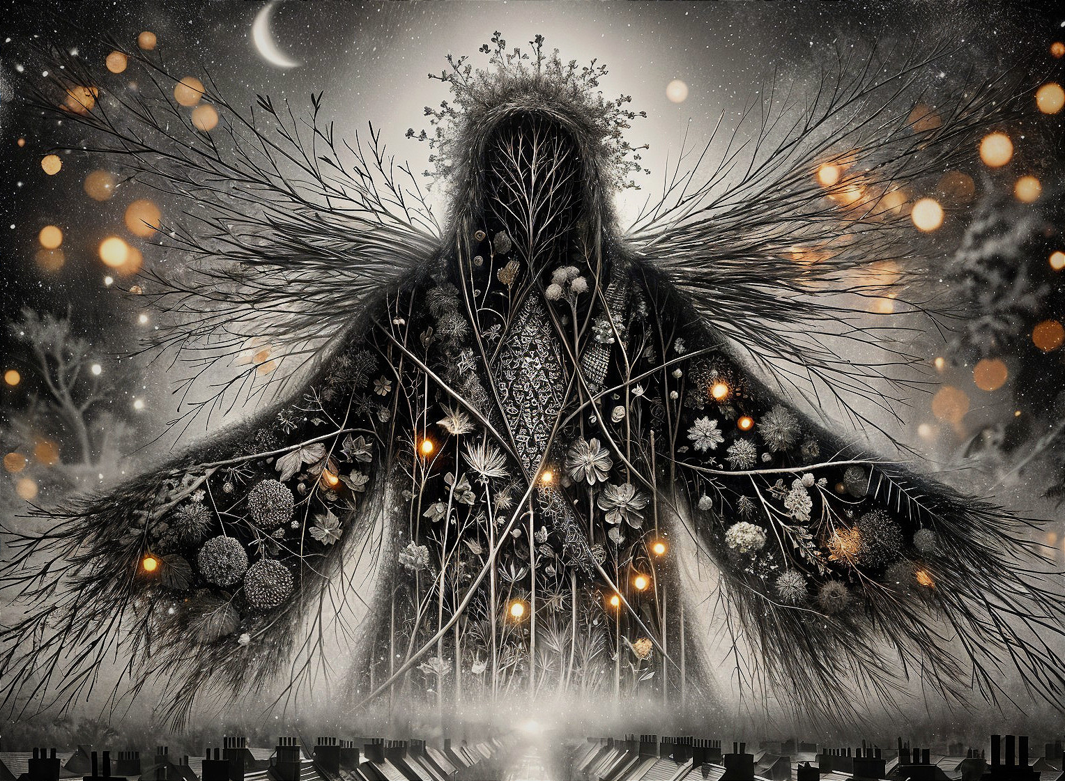 Mysterious figure cloaked in dark foliage and flowers