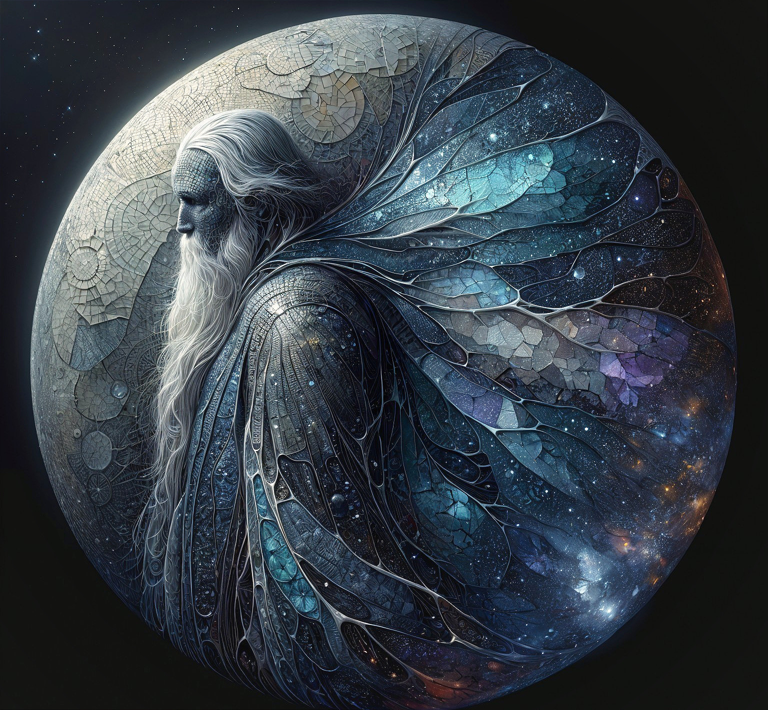 Mystical figure with colorful wings and moon backdrop