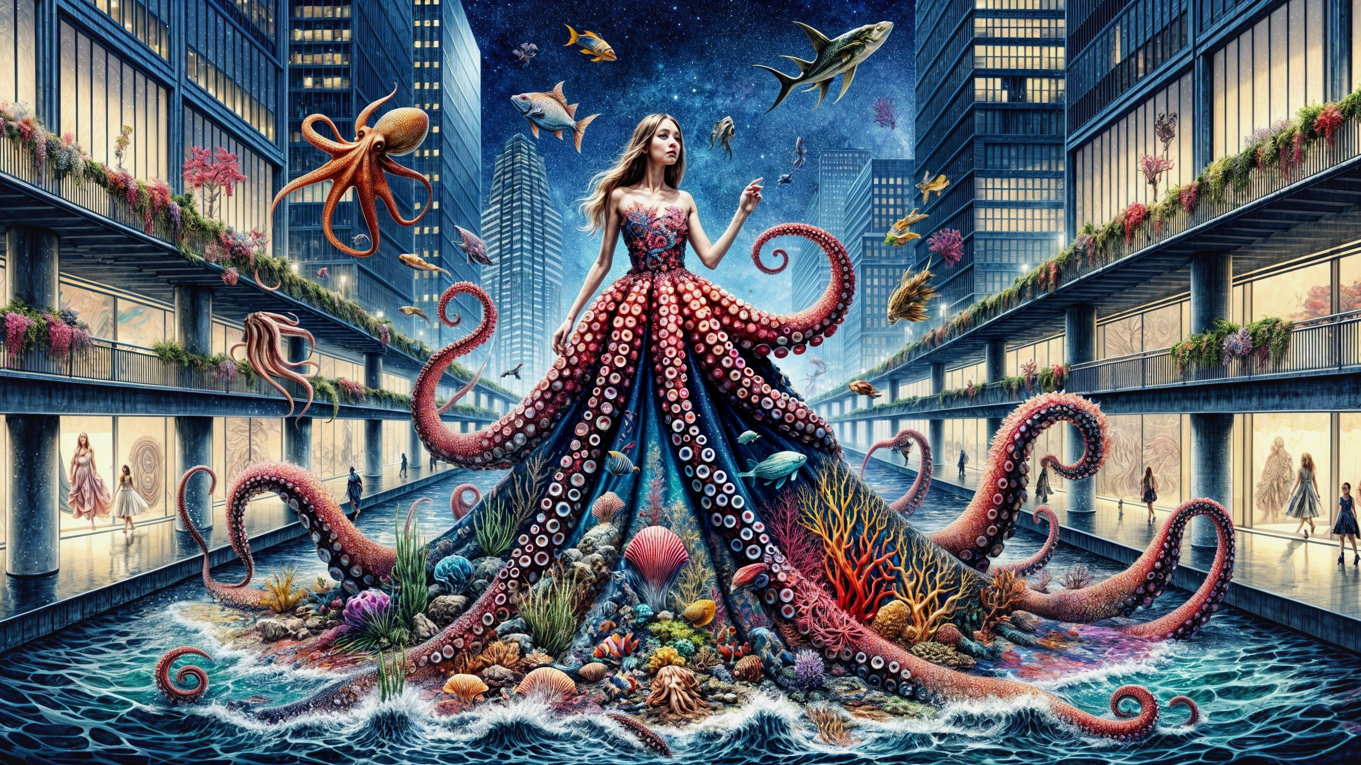 Surreal Fashion Scene with Octopus Tentacle Gown