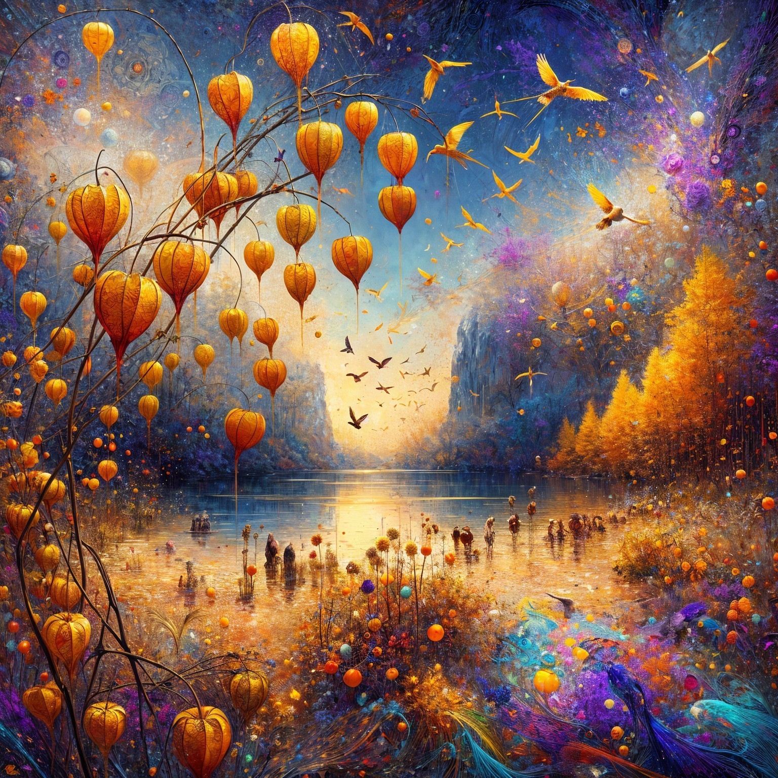 Surreal Landscape with Hot Air Balloons and Lake