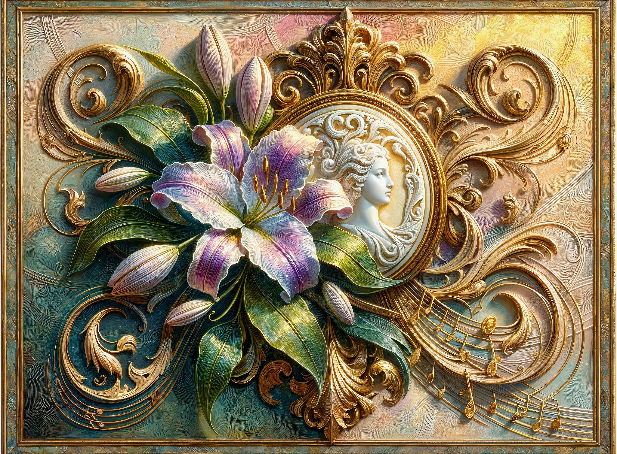Luxurious Decorative Piece with Golden Swirls and Lily