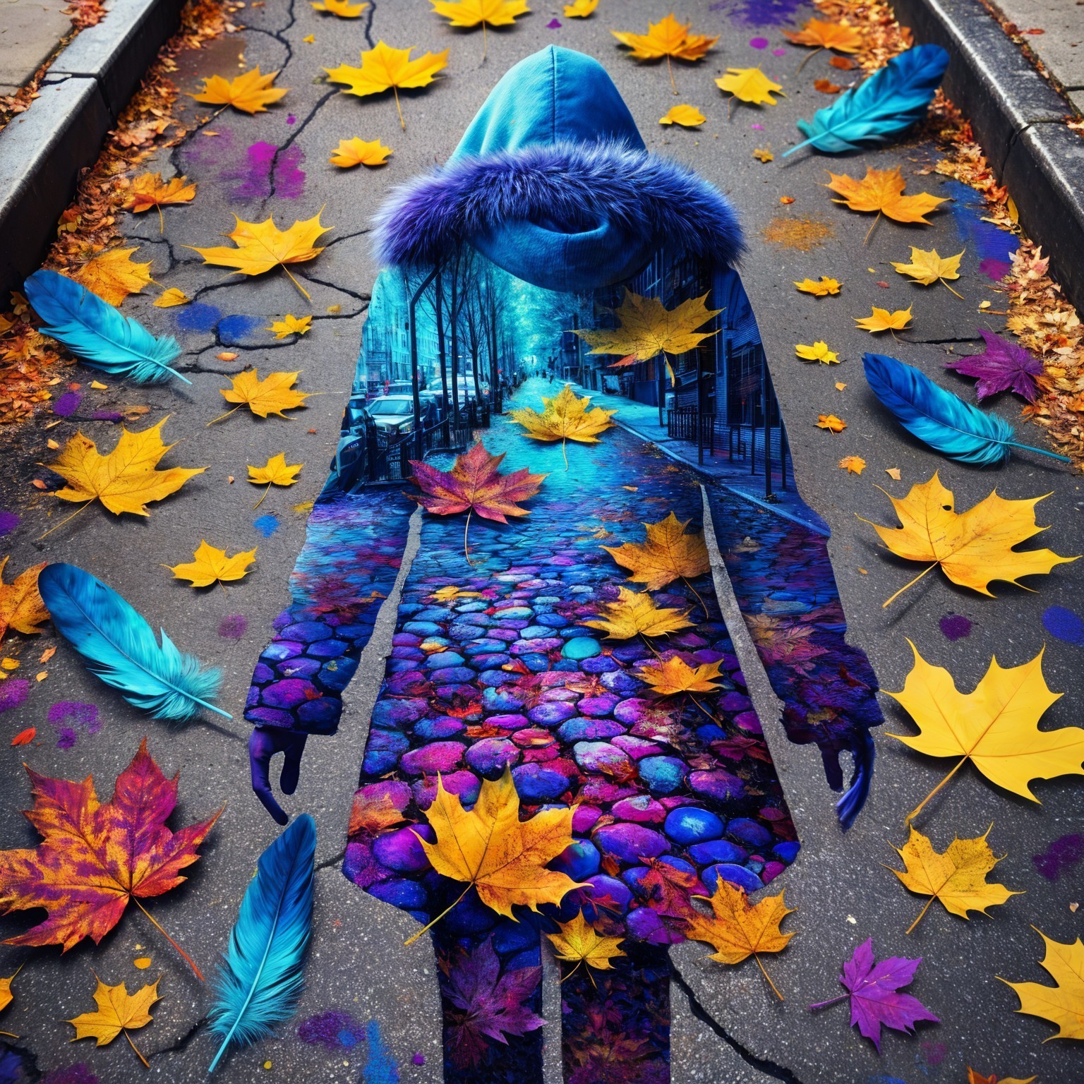 Silhouette in Hooded Coat Amidst Vibrant Street Scene