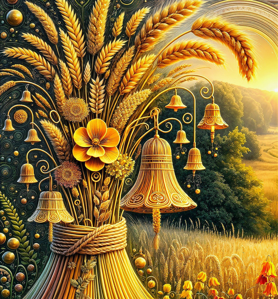 Vibrant Wheat Stalks and Blossoms in Sunlit Landscape