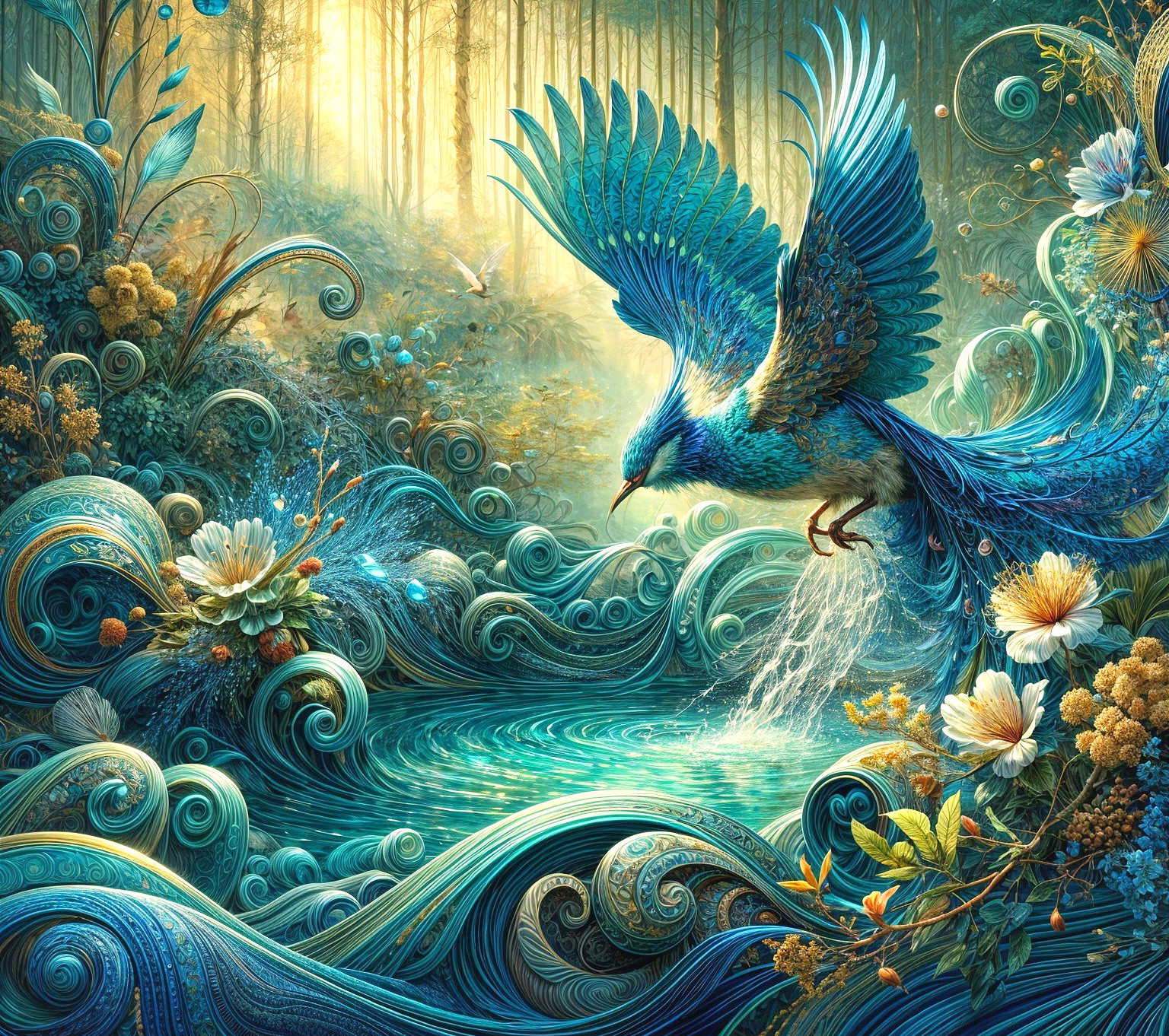 Majestic Blue Bird Over Vibrant Landscape and Flowers