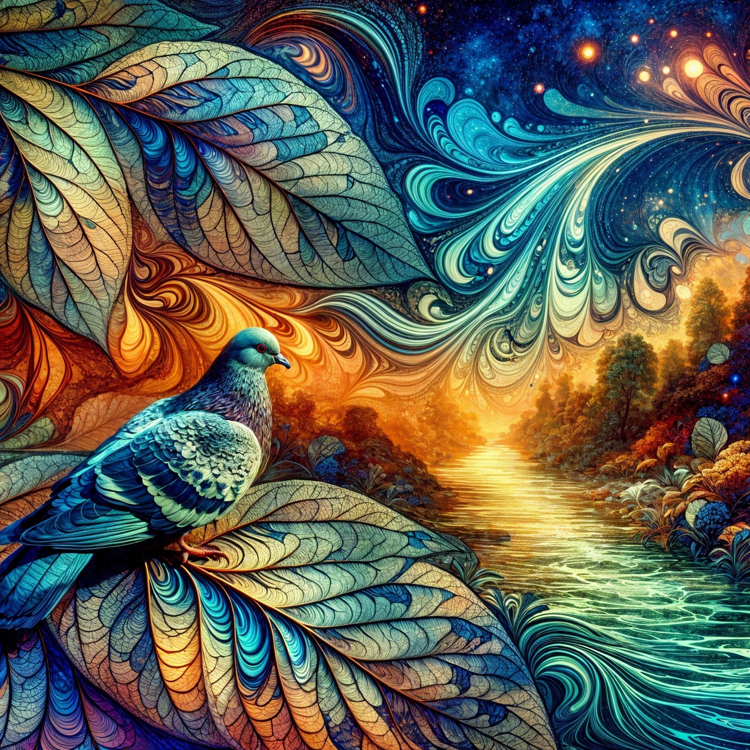 Surreal Landscape with Stylized Pigeon and Patterns